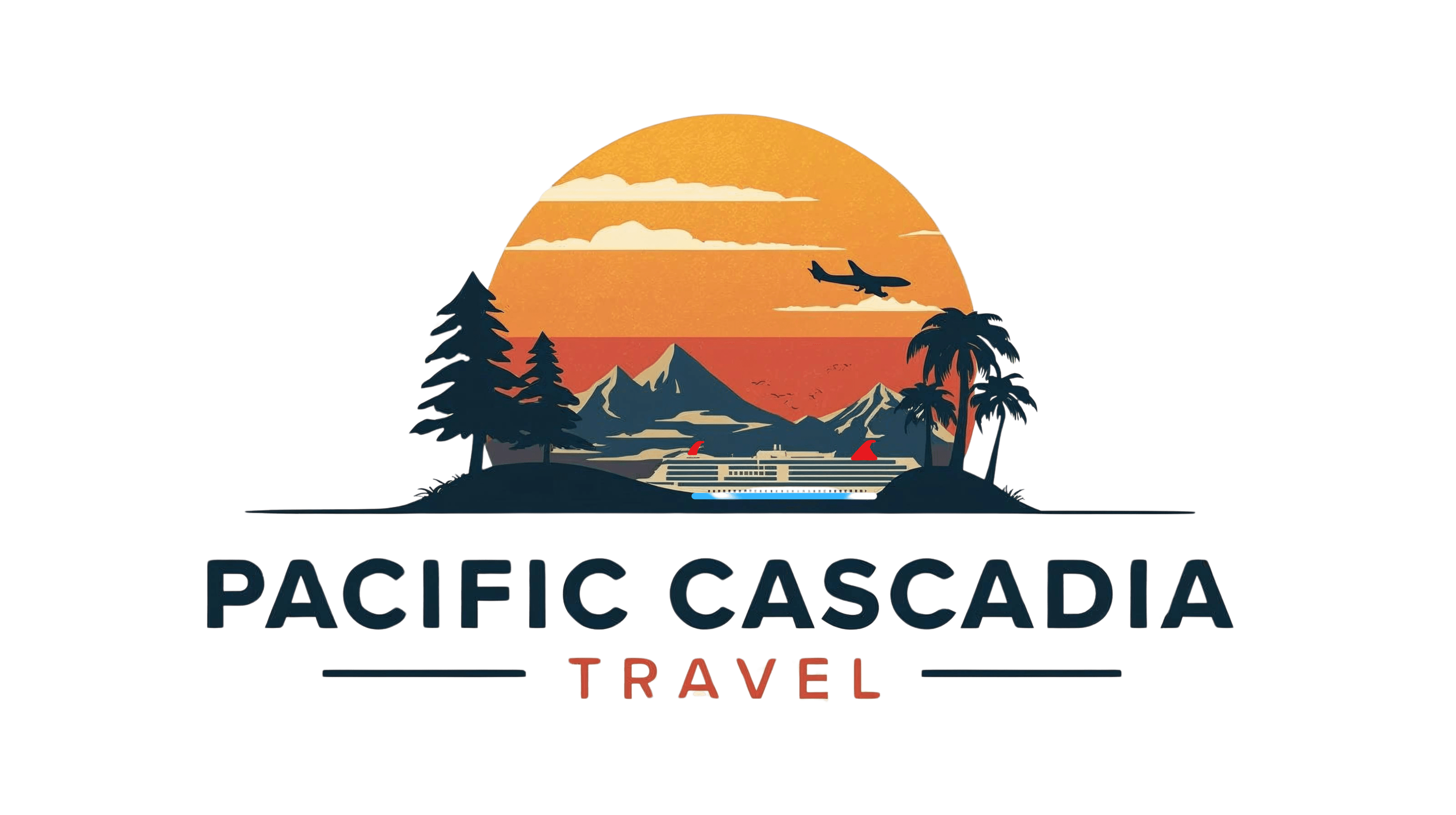 Pacific Cascadia Travel — illustrated sunset scene with mountains, palm trees, and a cruise ship