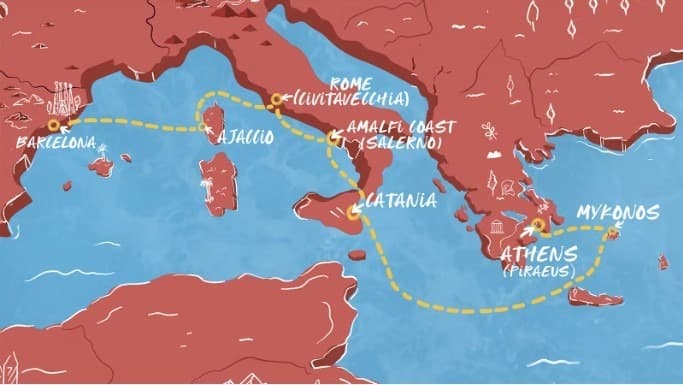Illustrated route map of the Barcelona-to-Athens voyage, calling at Ajaccio, Rome/Civitavecchia, the Amalfi Coast/Salerno, Catania, Athens/Piraeus, and Mykonos